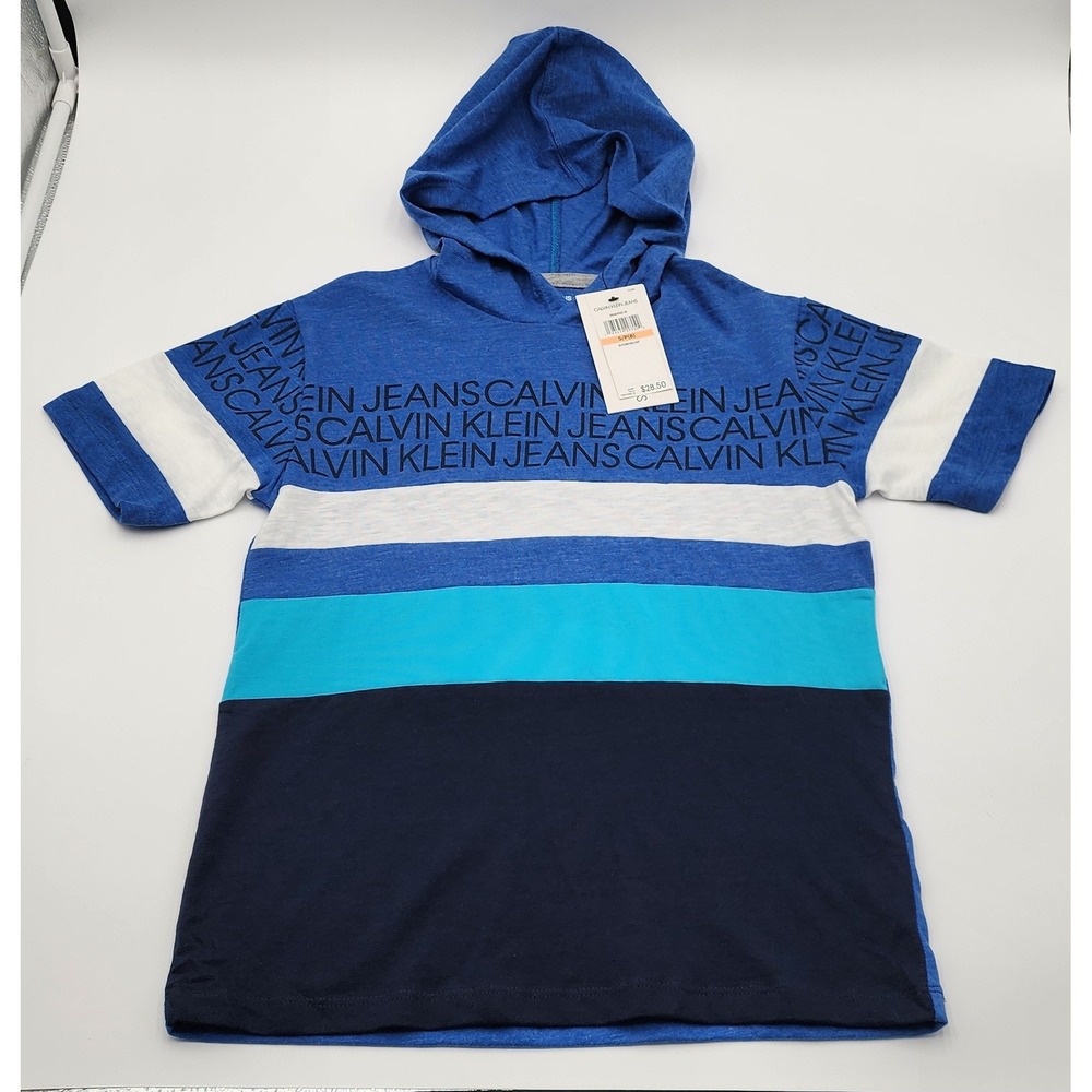 Calvin Klein Jeans Hooded T-Shirt Kids Size 8 Blue NWT Logo Colorblock Tee